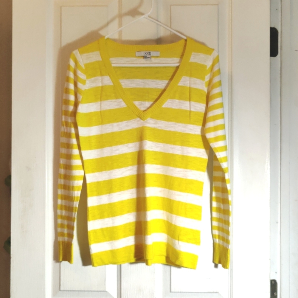 NWOT Yellow and White Stripe V-neck Sweater
